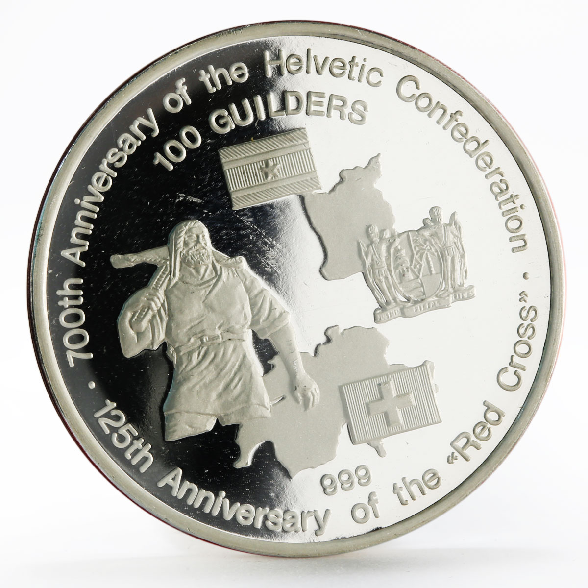 Suriname 100 guilders 125th Anniversary Red Cross proof silver coin 1991