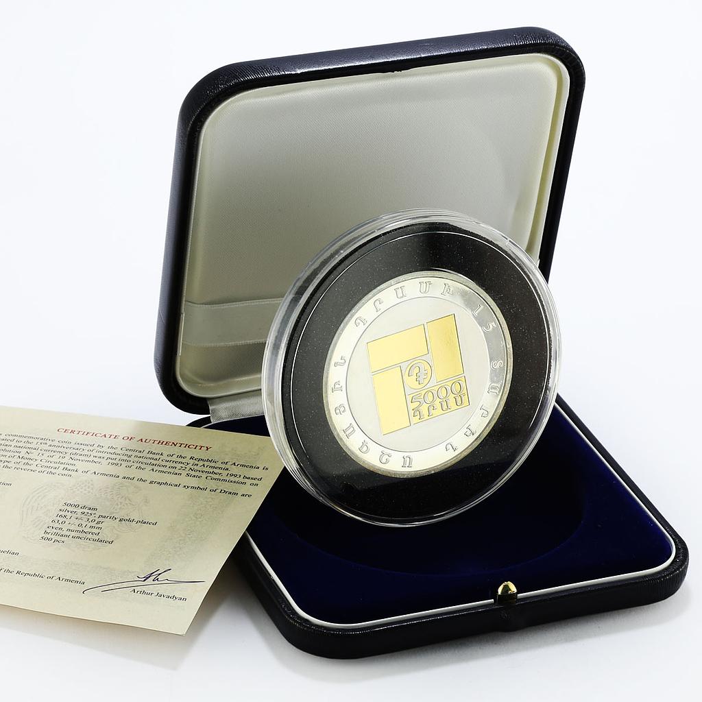 Armenia 5000 dram 15th Anniversary of National Currency gilded silver coin 2008