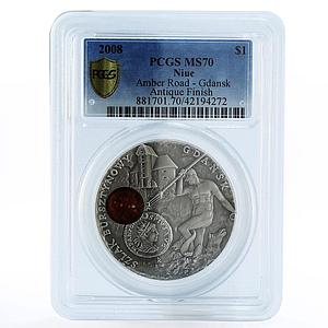 Niue 1 dollar Amber Route Gdansk MS70 PCGS silver coin 2008