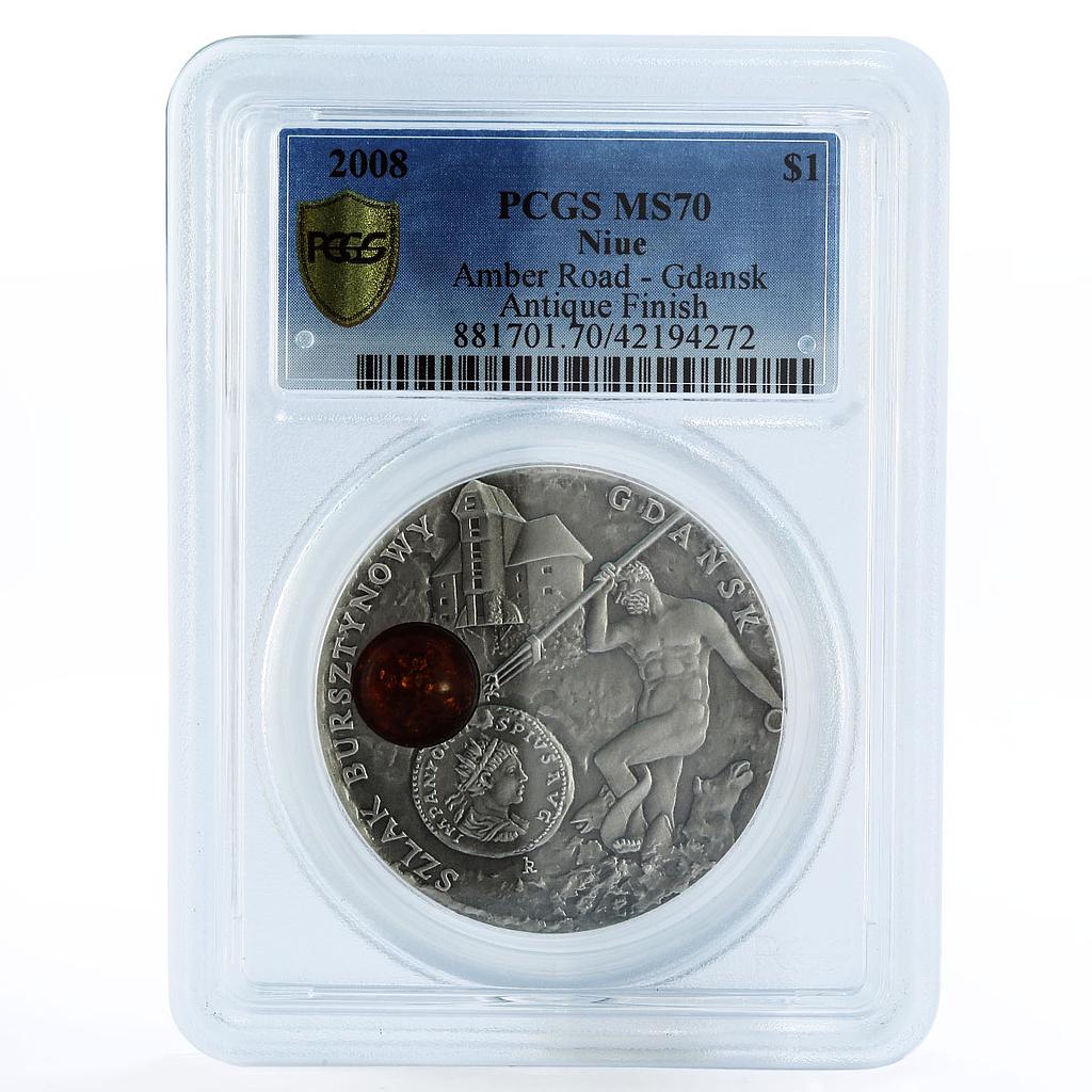 Niue 1 dollar Amber Route Gdansk MS70 PCGS silver coin 2008
