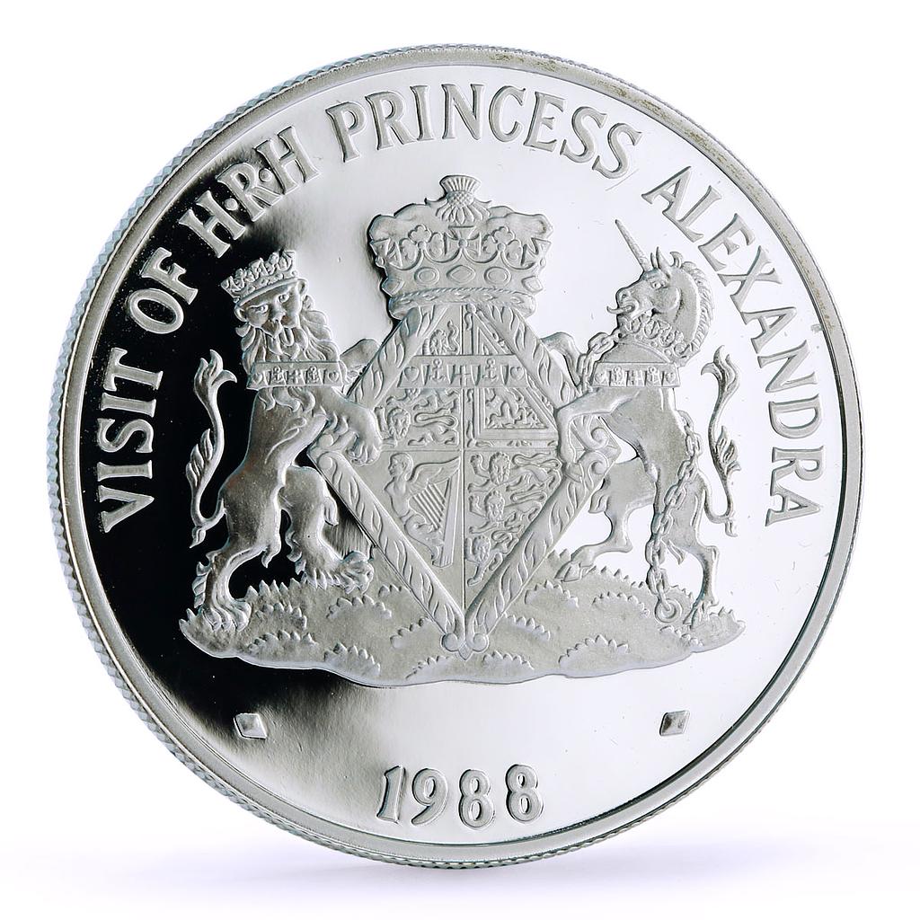 Cayman Islands 5 dollars Princess Alexandra Visit Royal Arms silver coin 1988