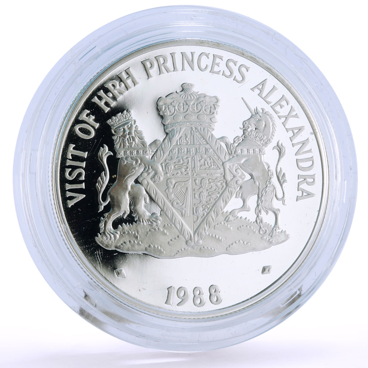 Cayman Islands 5 dollars Princess Alexandra Visit Royal Arms silver coin 1988