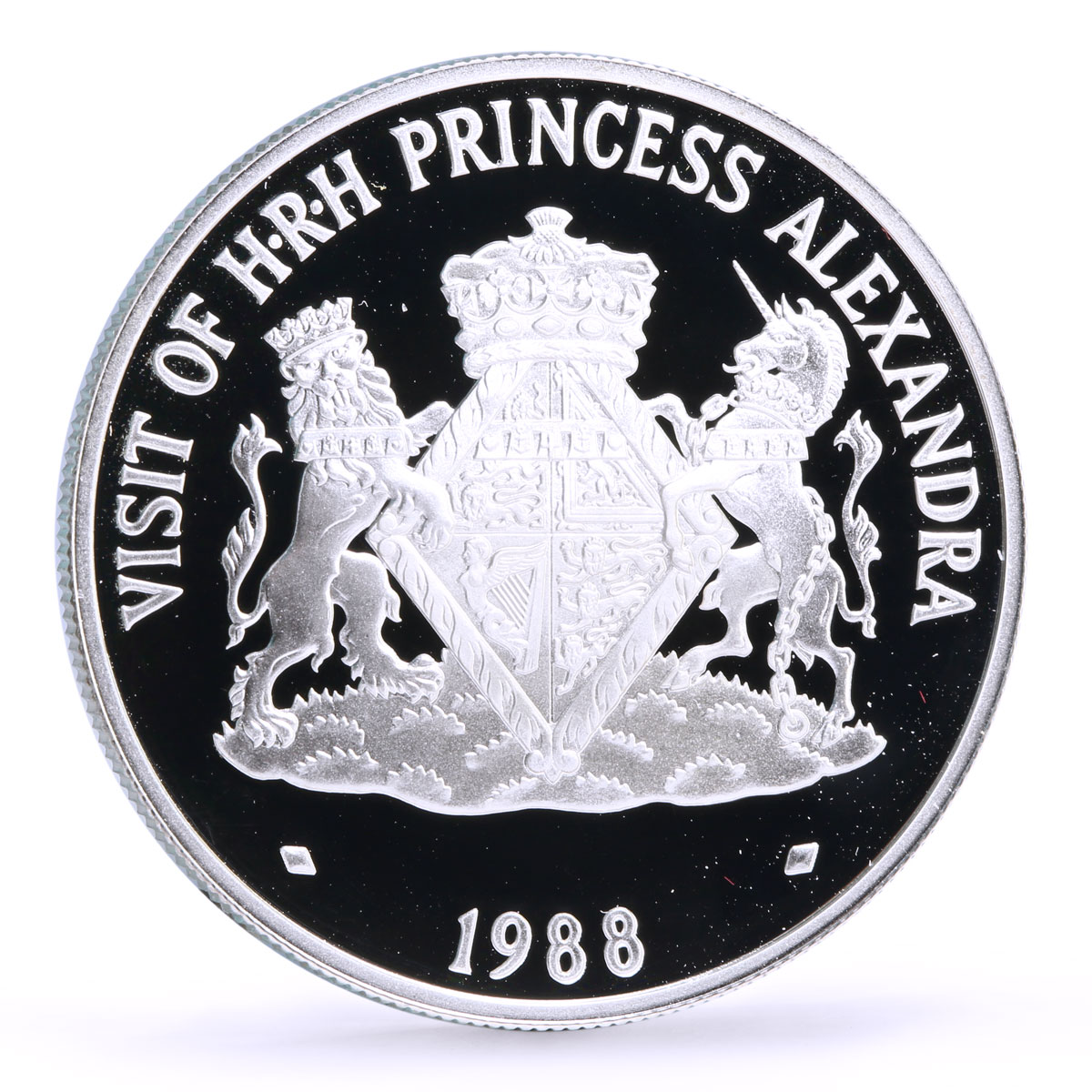 Cayman Islands 5 dollars Princess Alexandra Visit Royal Arms silver coin 1988