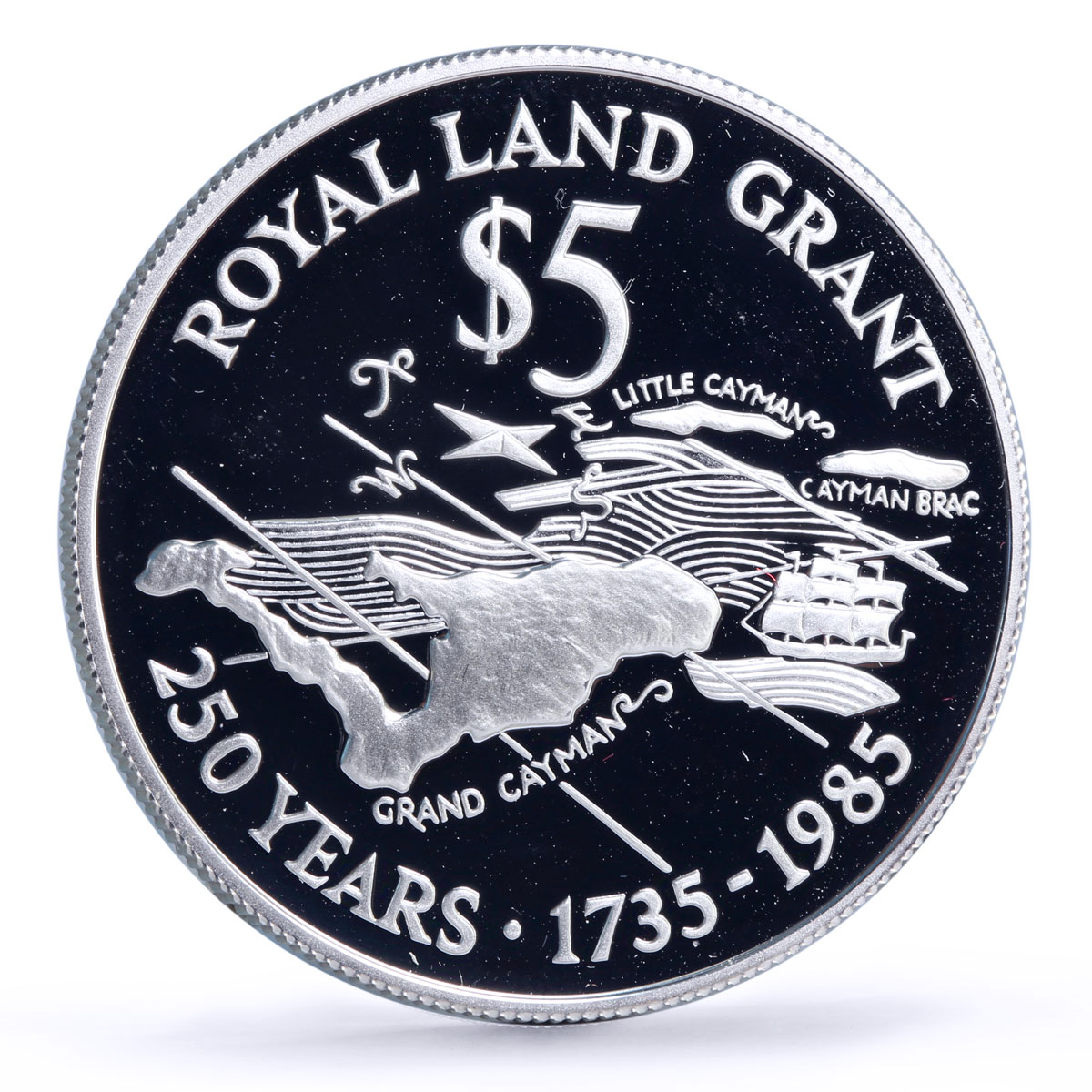 Cayman Islands 5 dollars Royal Land Grant Ship Clipper proof silver coin 1985