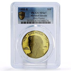 Marshall Islands 10 $ Singer Elvis Presley Music MS67 PCGS brass coin 1995