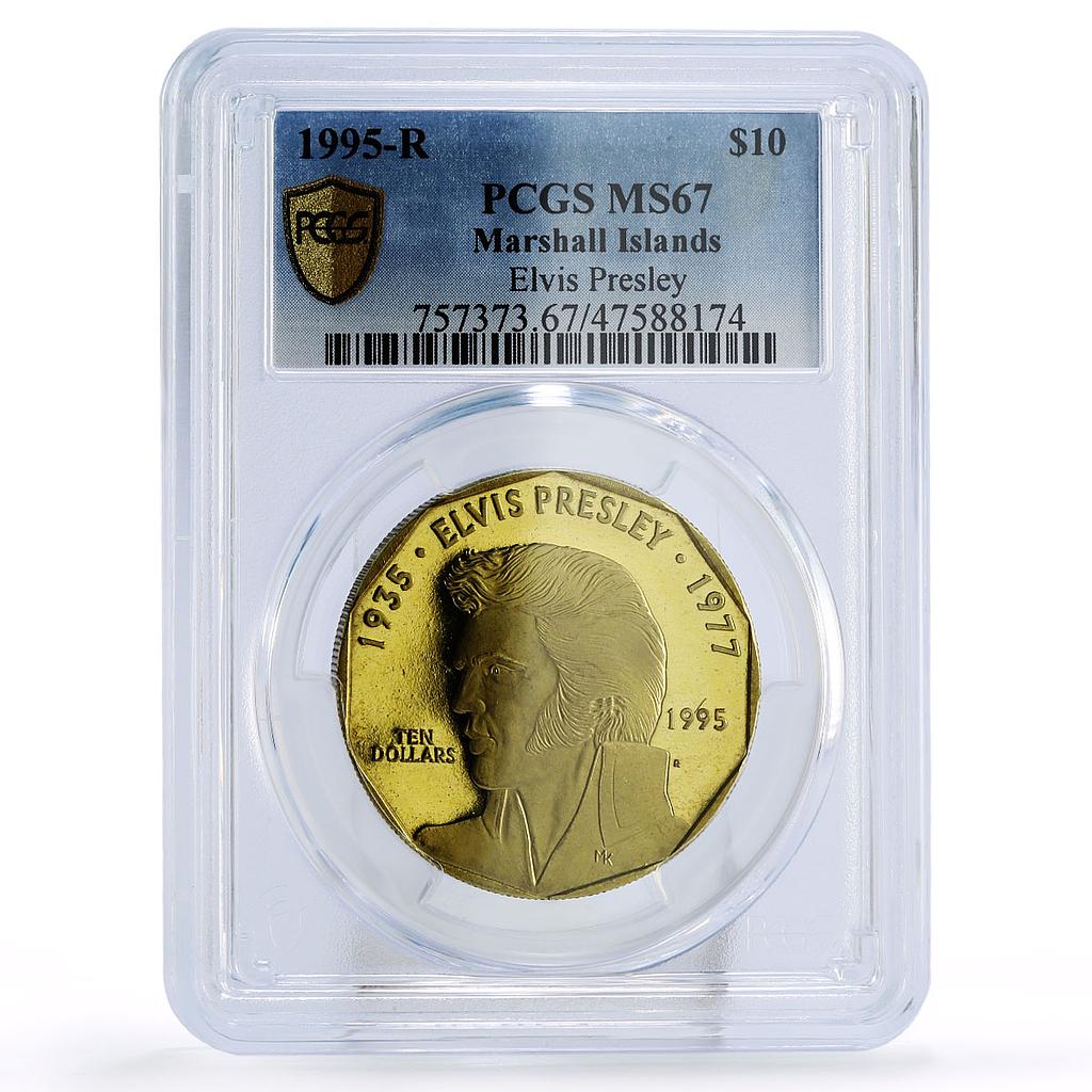 Marshall Islands 10 $ Singer Elvis Presley Music MS67 PCGS brass coin 1995