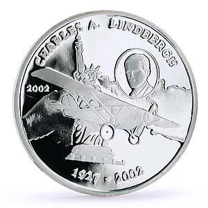 Benin 1000 francs Charles Lindbergh Flight Plane Aviation proof silver coin 2002