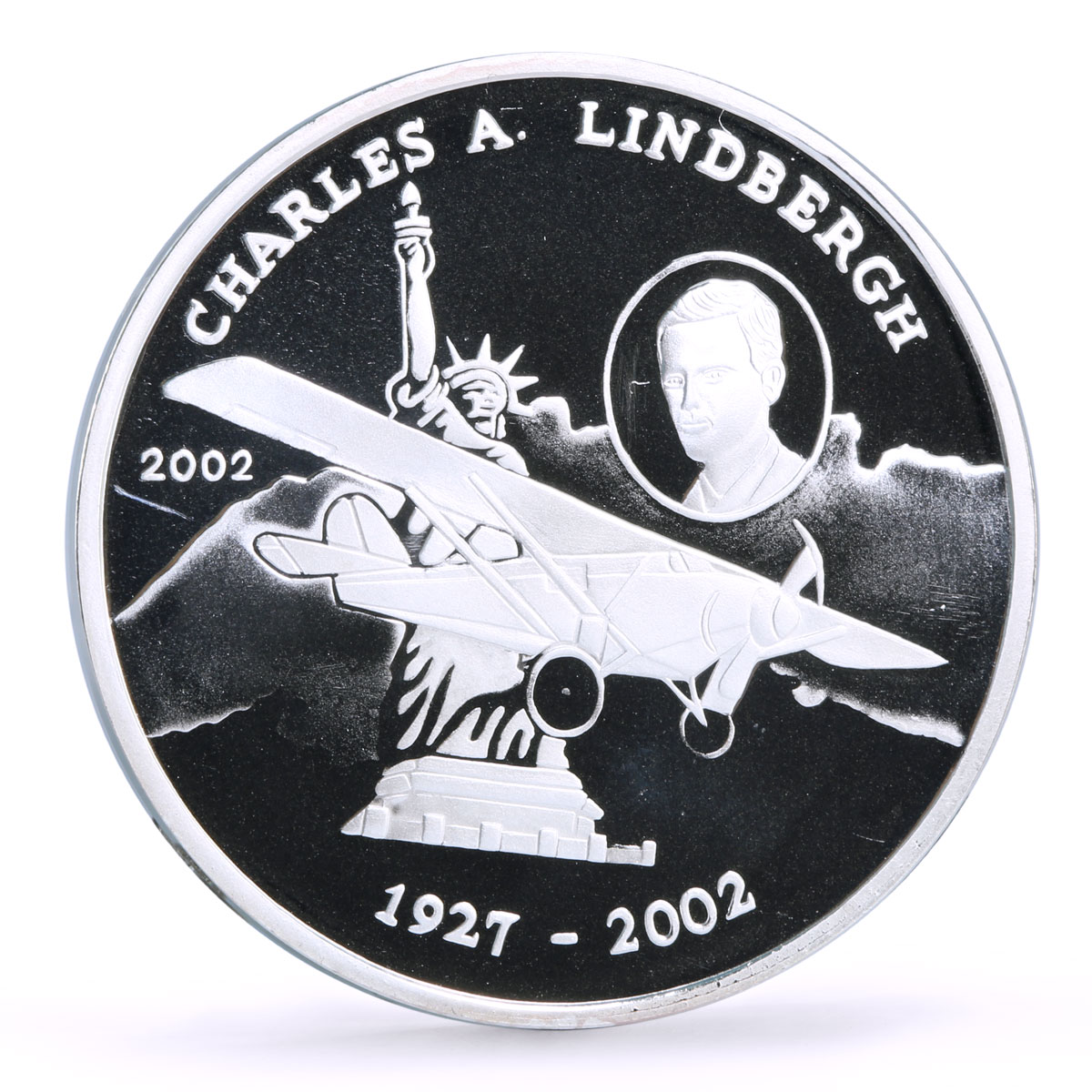 Benin 1000 francs Charles Lindbergh Flight Plane Aviation proof silver coin 2002