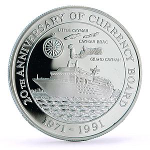 Cayman Islands 5 dollars 20 Years of Currency Board Cruise Ship silver coin 1991