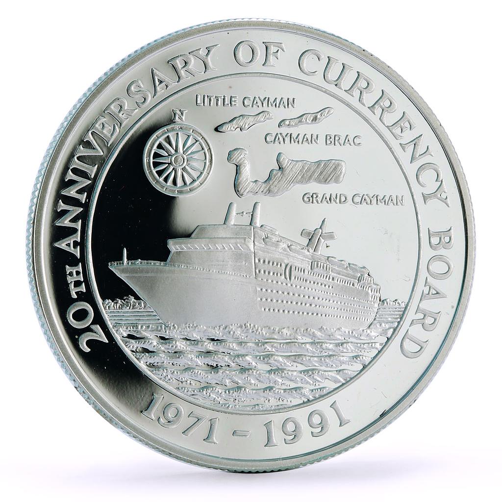 Cayman Islands 5 dollars 20 Years of Currency Board Cruise Ship silver coin 1991