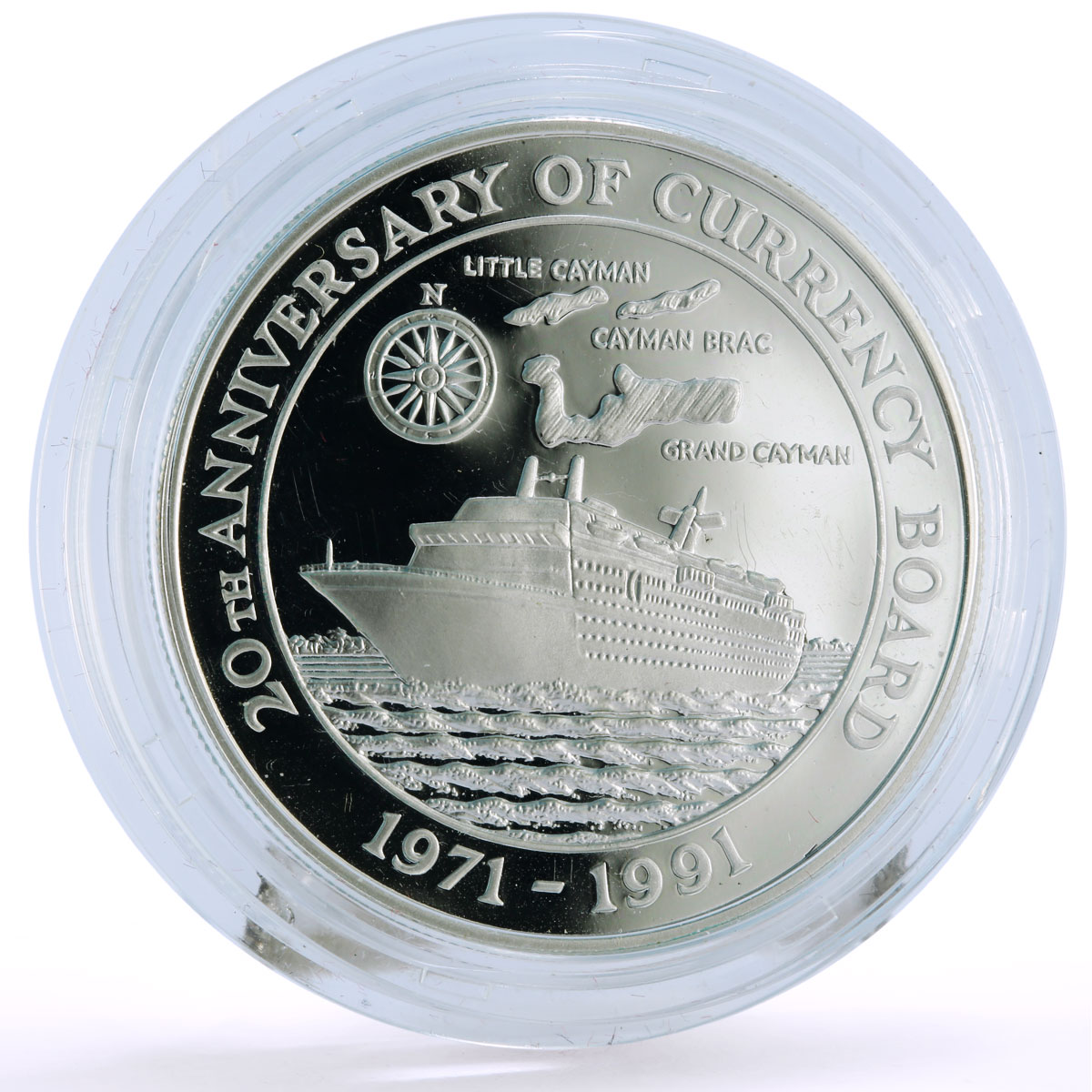 Cayman Islands 5 dollars 20 Years of Currency Board Cruise Ship silver coin 1991