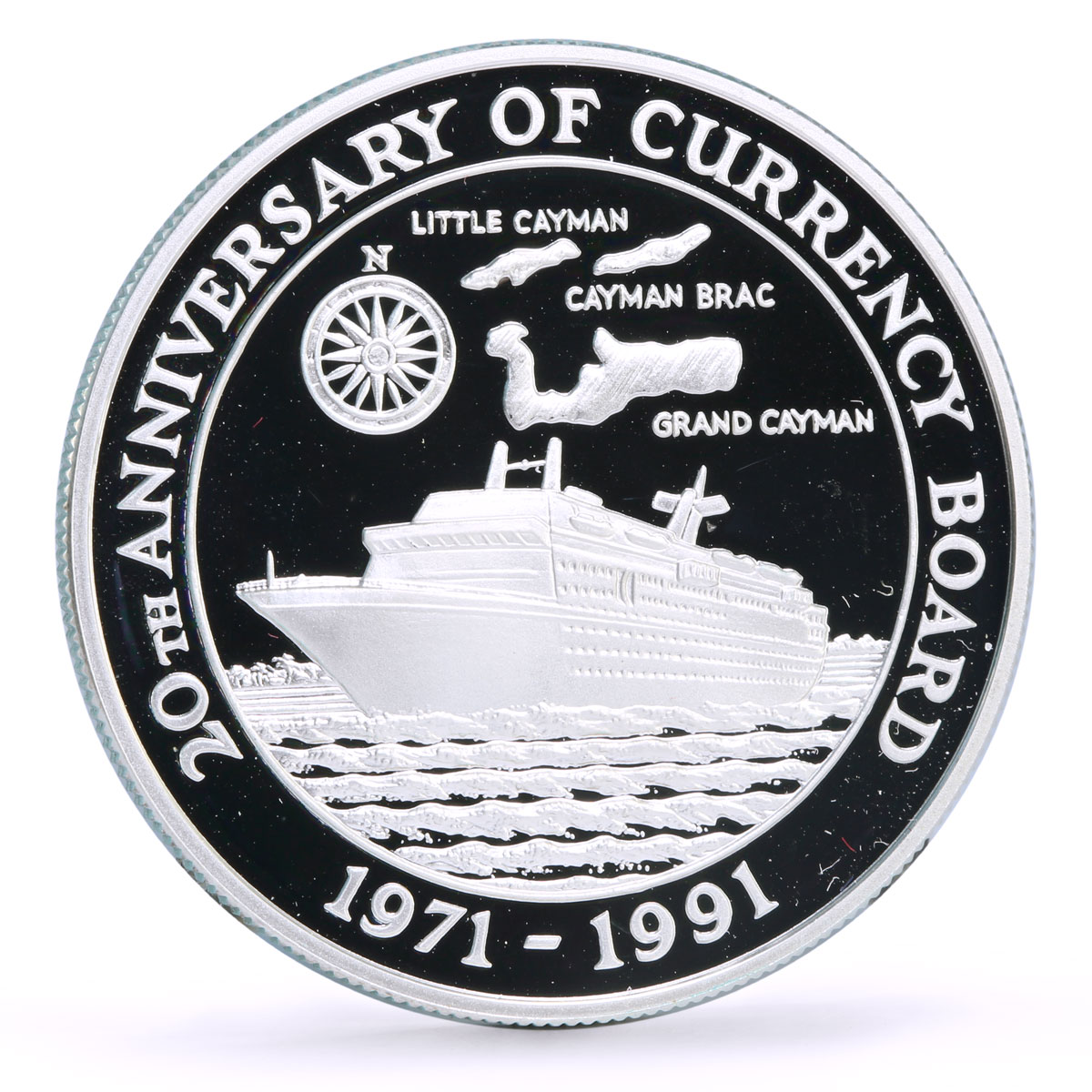 Cayman Islands 5 dollars 20 Years of Currency Board Cruise Ship silver coin 1991