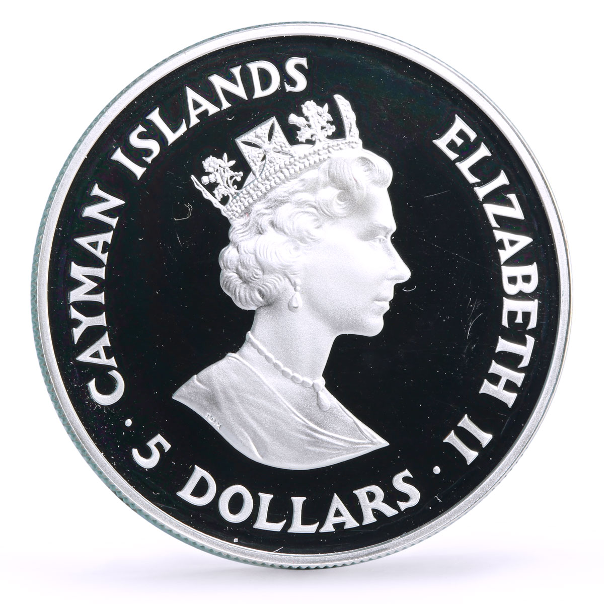 Cayman Islands 5 dollars 20 Years of Currency Board Cruise Ship silver coin 1991