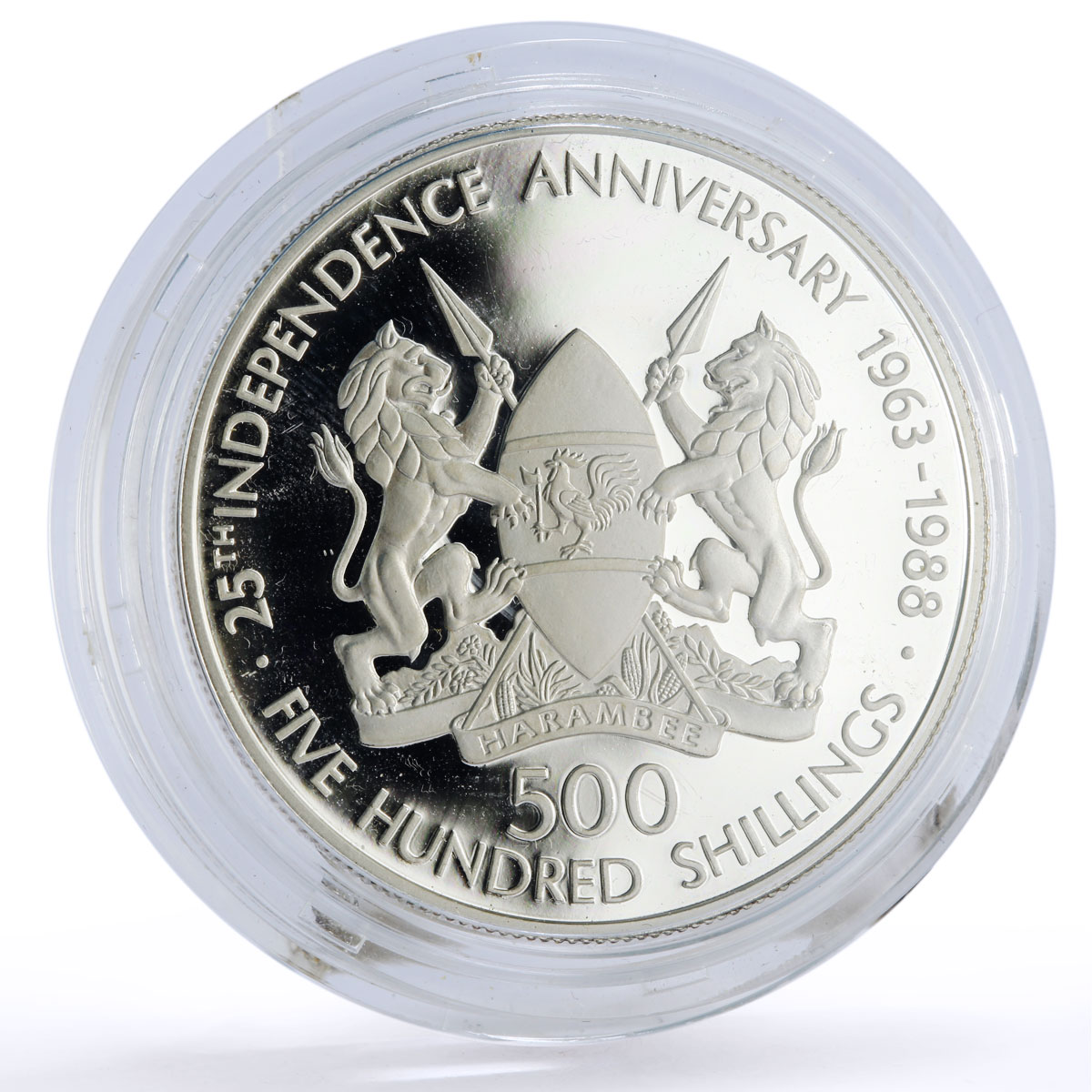 Kenya 500 shillings 25 Years Independence President Moi proof silver coin 1988