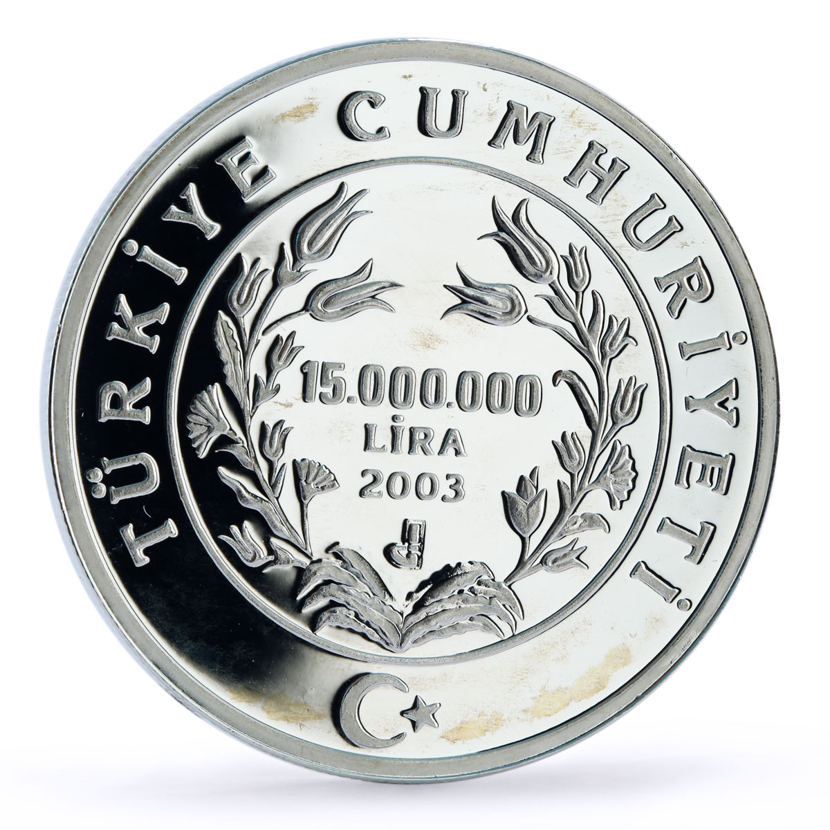 Turkey 15000000 lira Poet Writer Sureyya Agaoglu Literature silver coin 2003