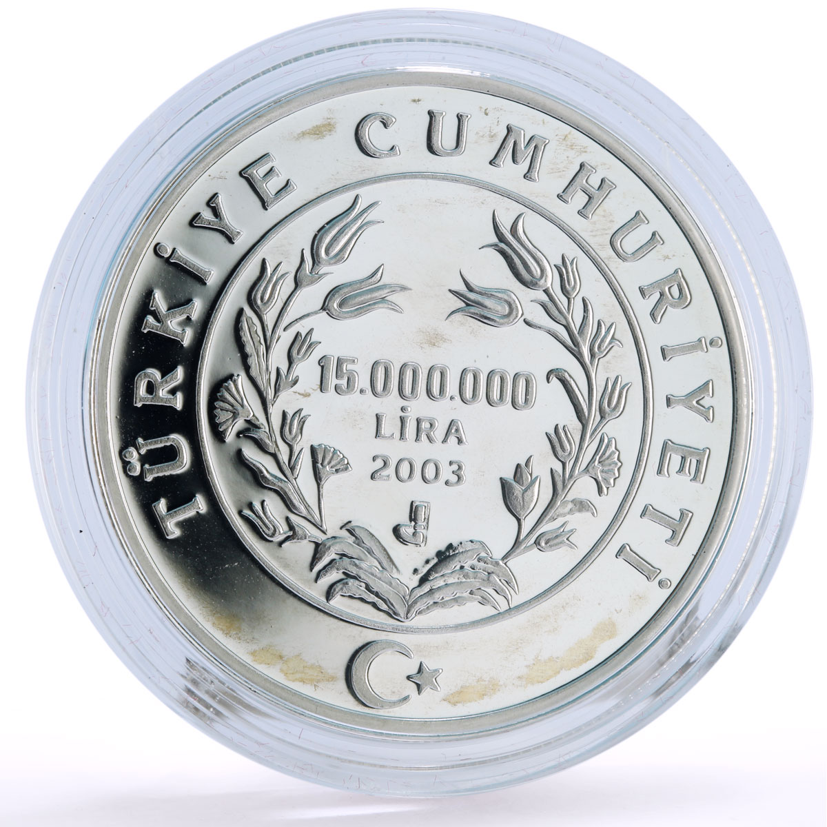 Turkey 15000000 lira Poet Writer Sureyya Agaoglu Literature silver coin 2003