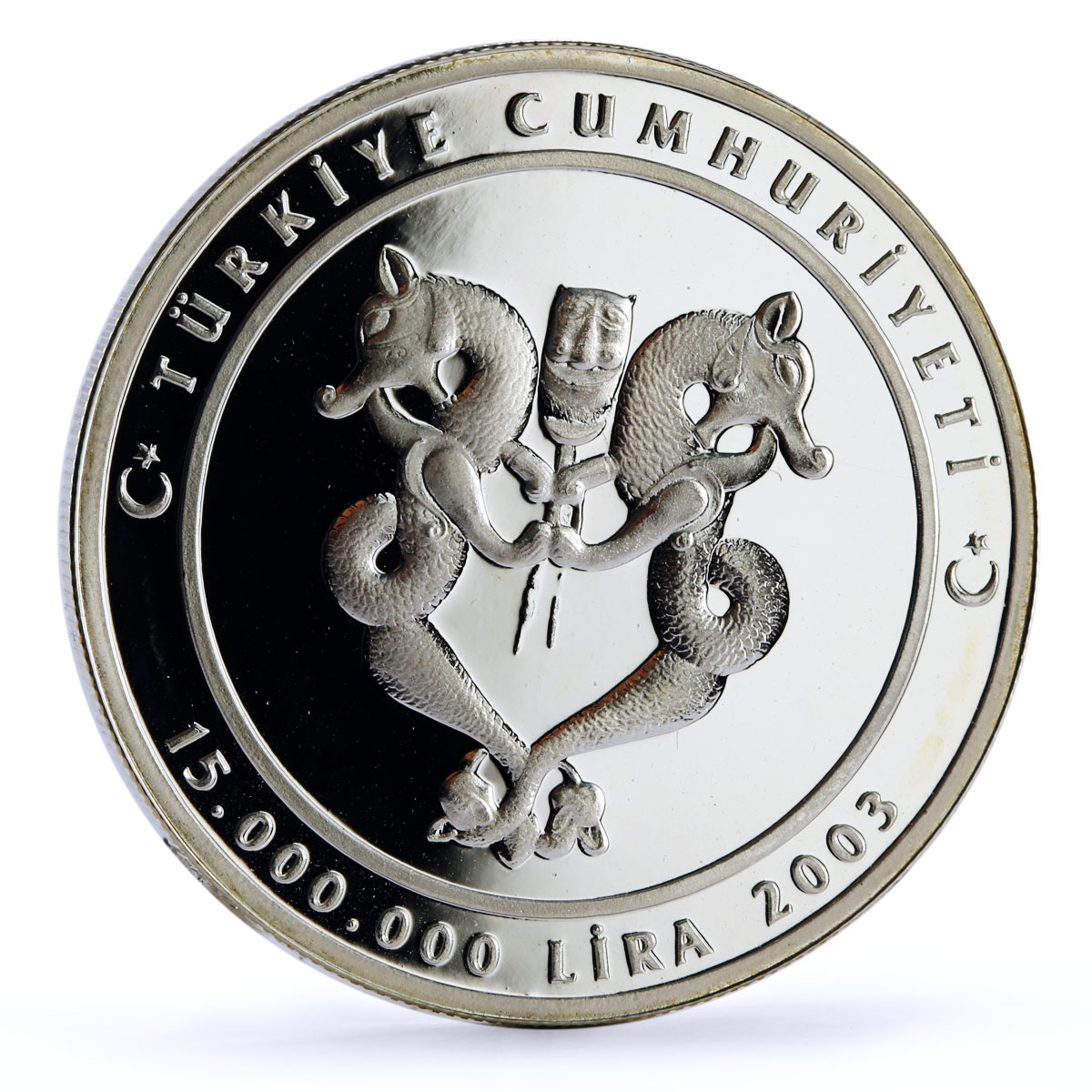 Turkey 15000000 lira Folk Crafts Mine Art Horseman Seahorses silver coin 2003
