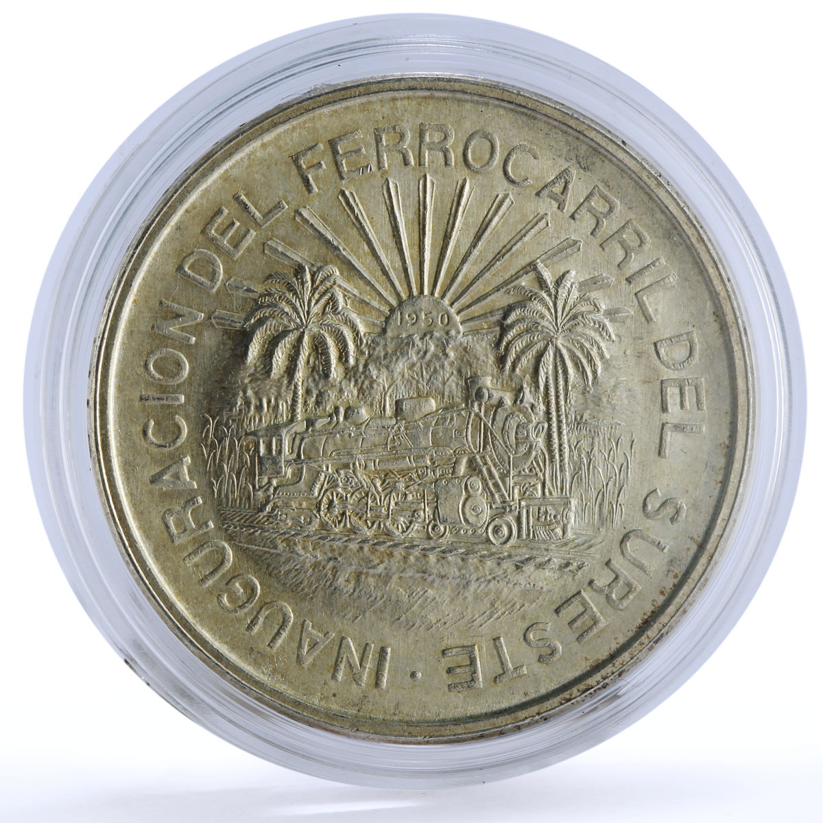 Mexico 5 pesos Opening of Southeastern Railroad Trains Railways silver coin 1950