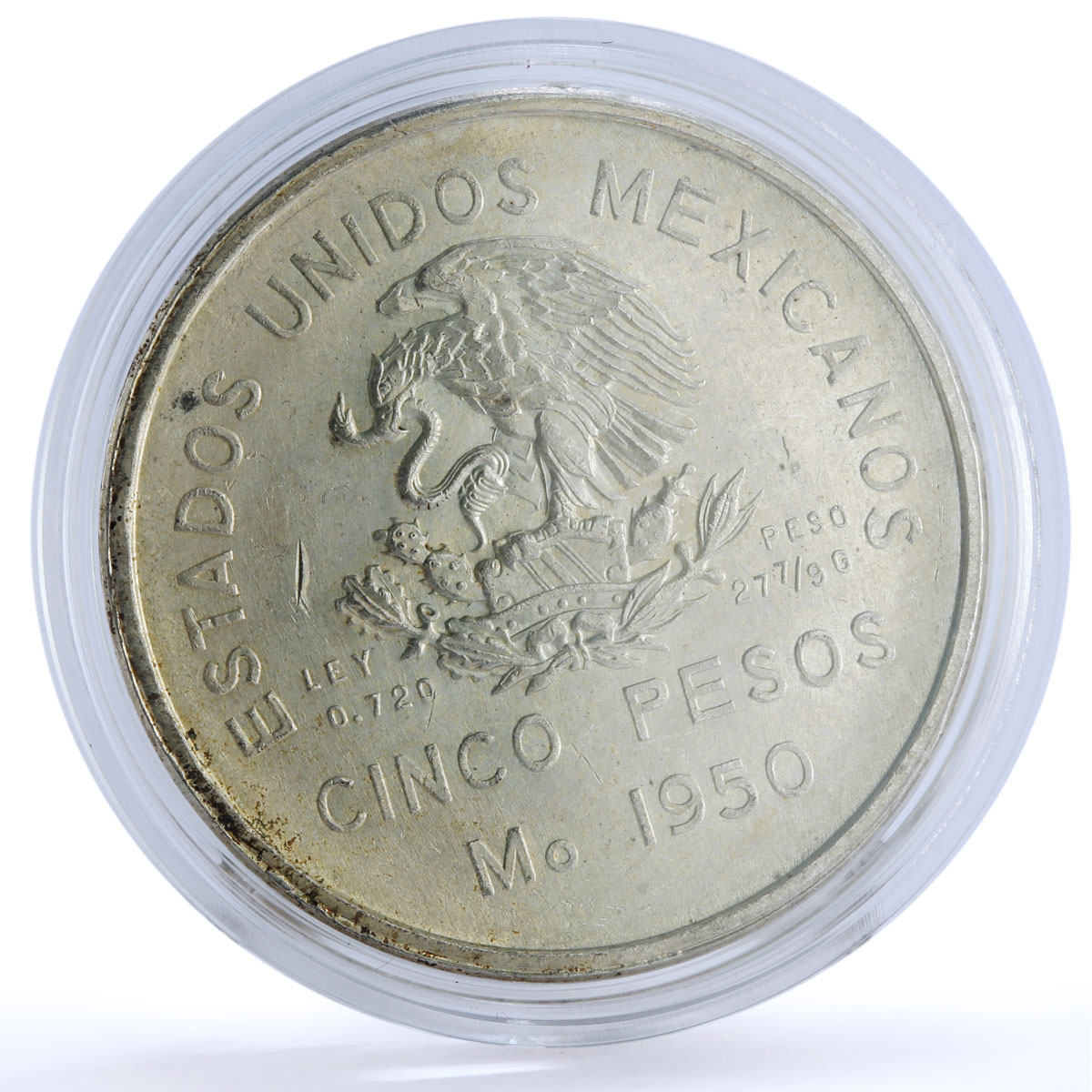 Mexico 5 pesos Opening of Southeastern Railroad Trains Railways silver coin 1950