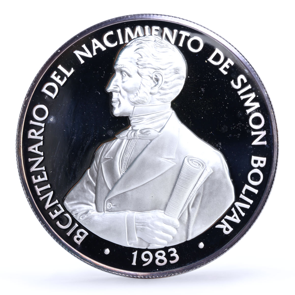 Panama 20 balboas Bicentennial of Simon Bolivar Politics silver coin 1985