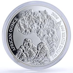 Rwanda 50 francs African Ounce Wildlife Gorillas Fauna proof silver coin 2008
