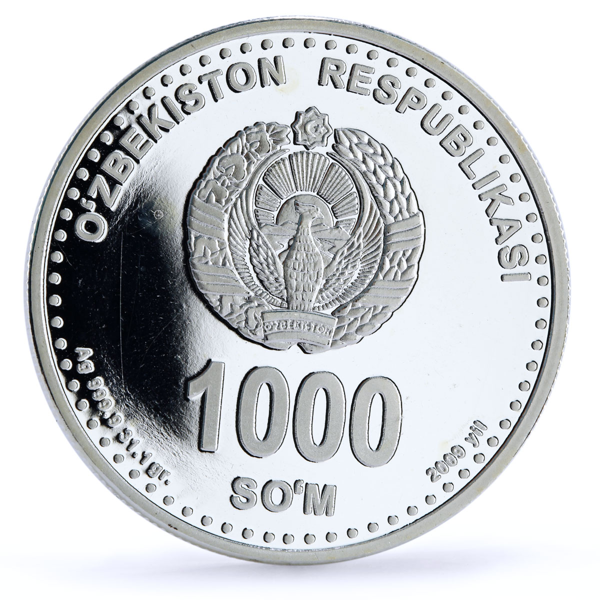 Uzbekistan 1000 som 2200 Years Tashkent City Mother Monument silver coin 2009