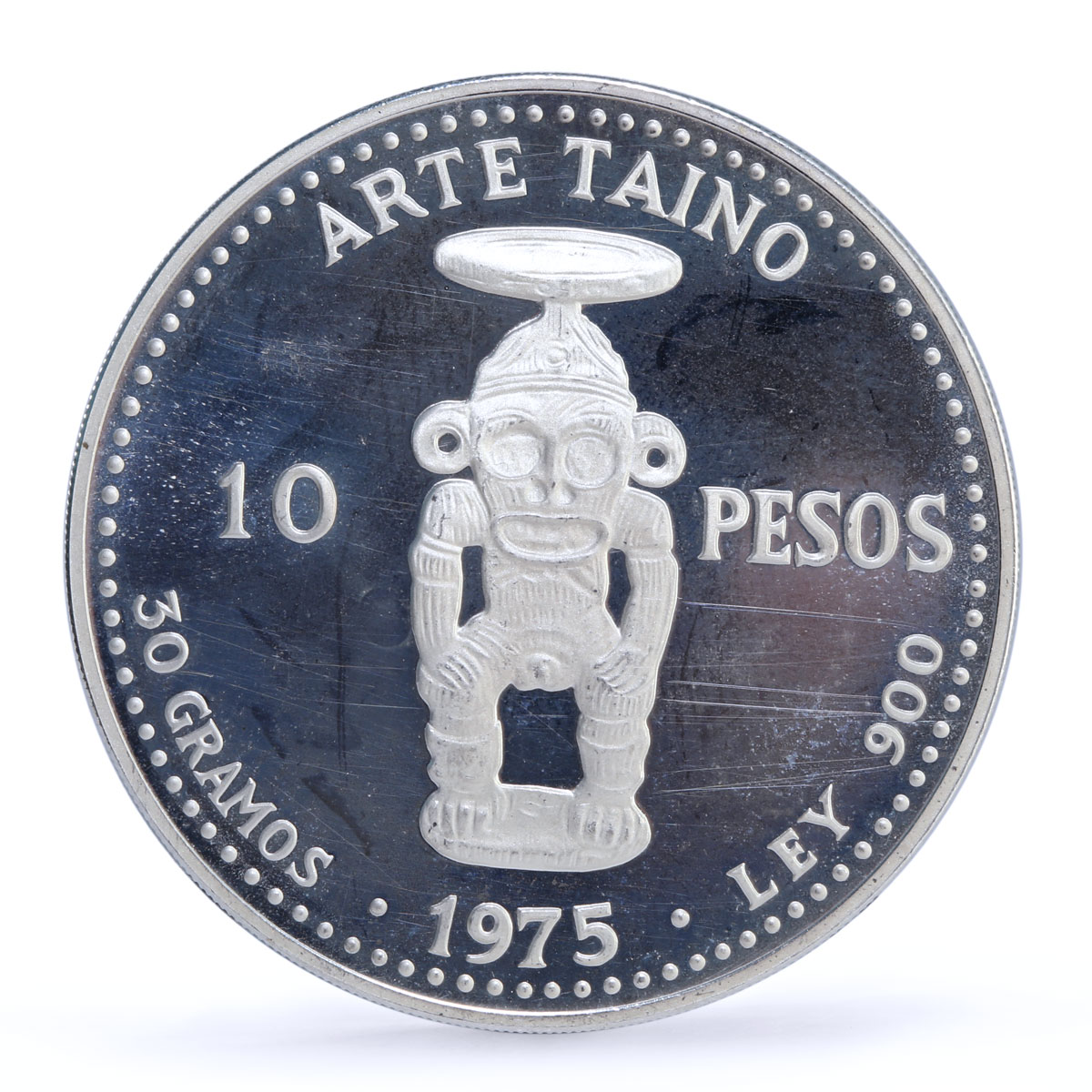 Dominican Republic 10 pesos Pueblo Viejo Mine Taino Sculpture Art Ag coin 1975