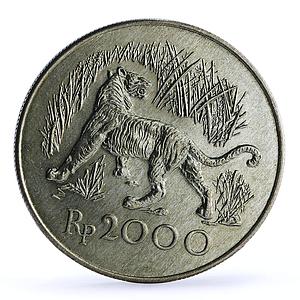 Indonesia 2000 rupiah Conservation Wildife Javan Tiger Fauna silver coin 1974