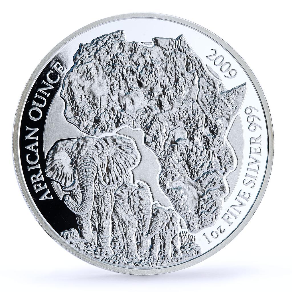 Rwanda 50 francs African Ounce Wildlife Elephants Fauna proof silver coin 2009