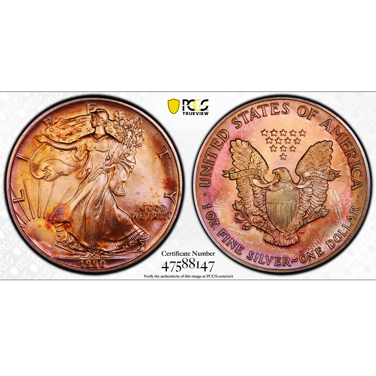United States 1 dollar Silver Eagle Walking Liberty MS66 PCGS silver coin 1990