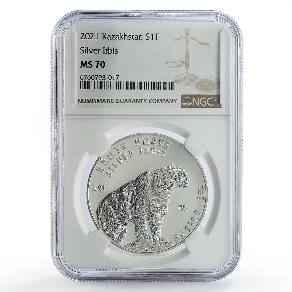 Kazakhstan 1 tenge Irbis Snow Leopard Investment MS70 NGC silver coin 2021