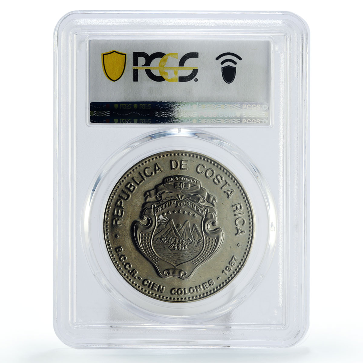 Costa Rica 100 colones President Oscar Arias Nobel Prize MS65 PCGS Ni coin 1987
