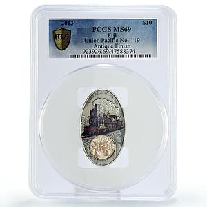 Fiji 10 $ Trains Railways Union Pacific Locomotive MS69 PCGS silver coin 2013