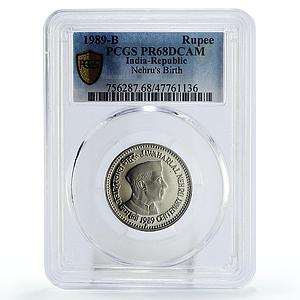 India 1 rupee Prime Minister Jawaharlal Nehru Politics PR68 PCGS CuNi coin 1989