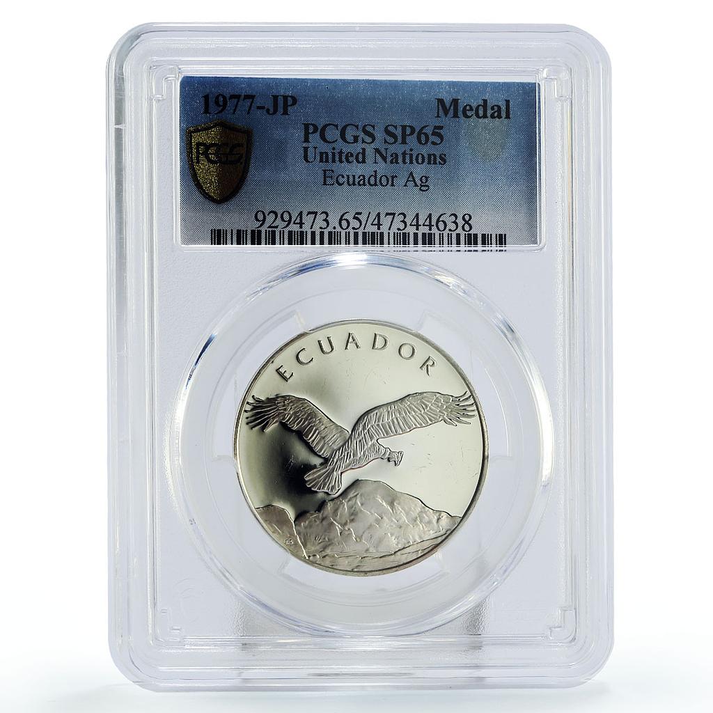 Ecuador United Nations UN Eagle Falcon Bird Fauna SP65 PCGS silver medal 1977