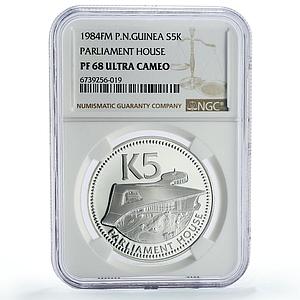 Papua New Guinea 5 kina New Parliament House Building PF68 NGC silver coin 1984