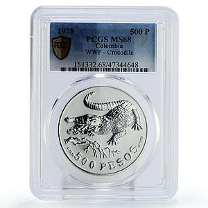 Colombia 500 pesos Endangered Wildlife Crocodile Fauna MS68 PCGS silver 1978