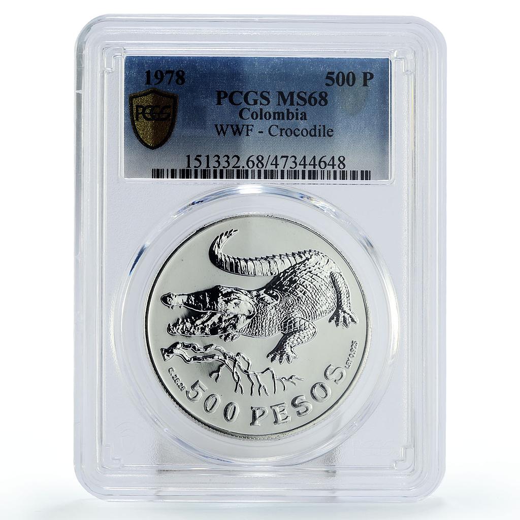 Colombia 500 pesos Endangered Wildlife Crocodile Fauna MS68 PCGS silver 1978