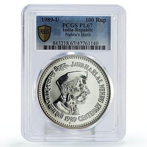 India 100 rupees Prime Minister Jawaharlal Nehru Politics PL67 PCGS Ag coin 1989
