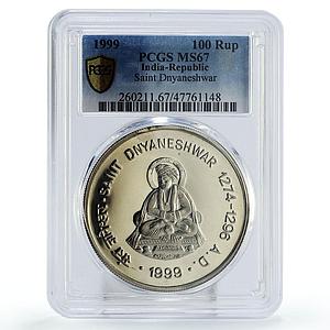 India 100 rupees Religion Buddhism Saint Dnyaneshwar MS67 PCGS silver coin 1999