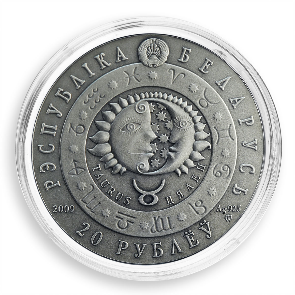 Belarus 20 rubles Zodiac Signs Taurus zircons silver coin 2009