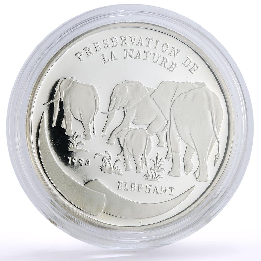 Congo 1000 francs Conservation Wildlife Elephants Fauna proof silver coin 1993