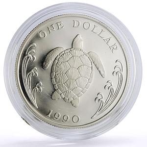 Cayman Islands 1 dollar Marine Life Green Turtle Fauna proof silver coin 1990