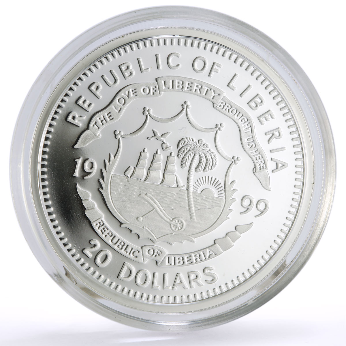 Liberia 20 dollars Lunar Calendar Year of the Rabbit Sitting silver coin 1999