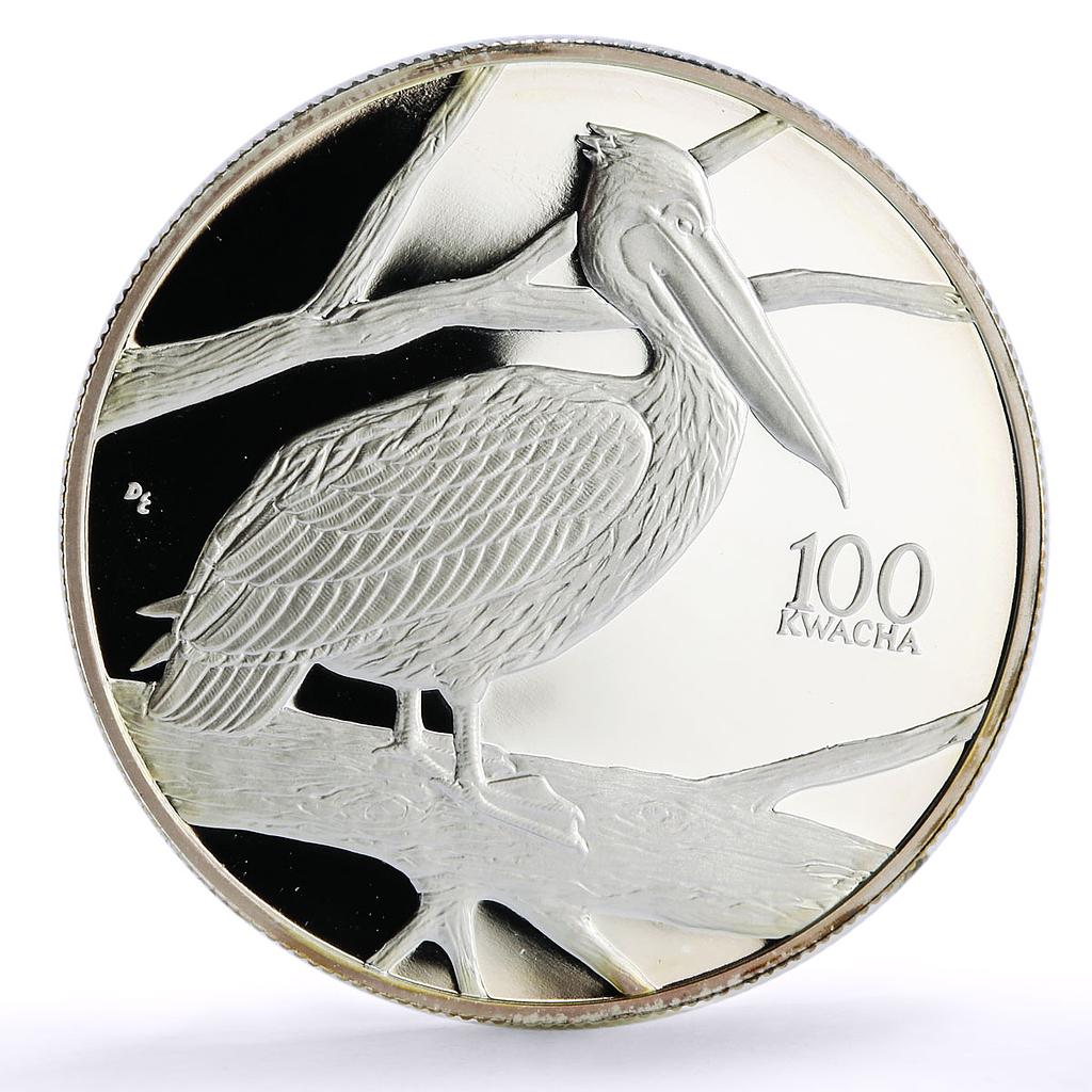 Zambia 100 kwacha Conservation Wildlife Pelican Bird Fauna silver coin 1998