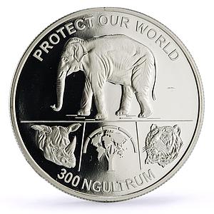 Bhutan 300 ngultrum Conservation Wildlife Elephant Rhino Tiger silver coin 1993