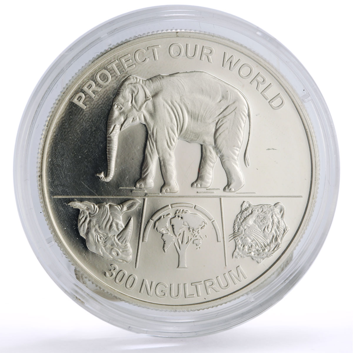 Bhutan 300 ngultrum Conservation Wildlife Elephant Rhino Tiger silver coin 1993