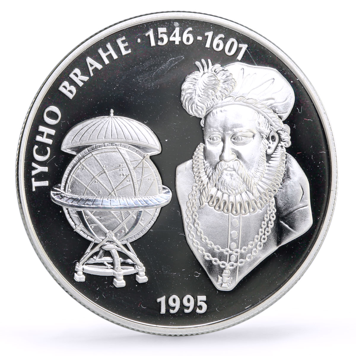 Jamaica 25 dollars Astronomer Tycho Brahe Head Facing Science silver coin 1995