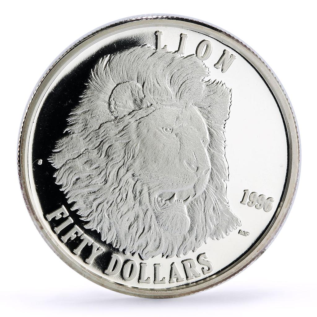 Marshall Islands 50 dollars Conservation Wildlife Lion Fauna silver coin 1996