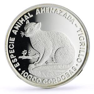 Nicaragua 10000 cordobas Conservation Wildlife Ocelot Cat Fauna silver coin 1990